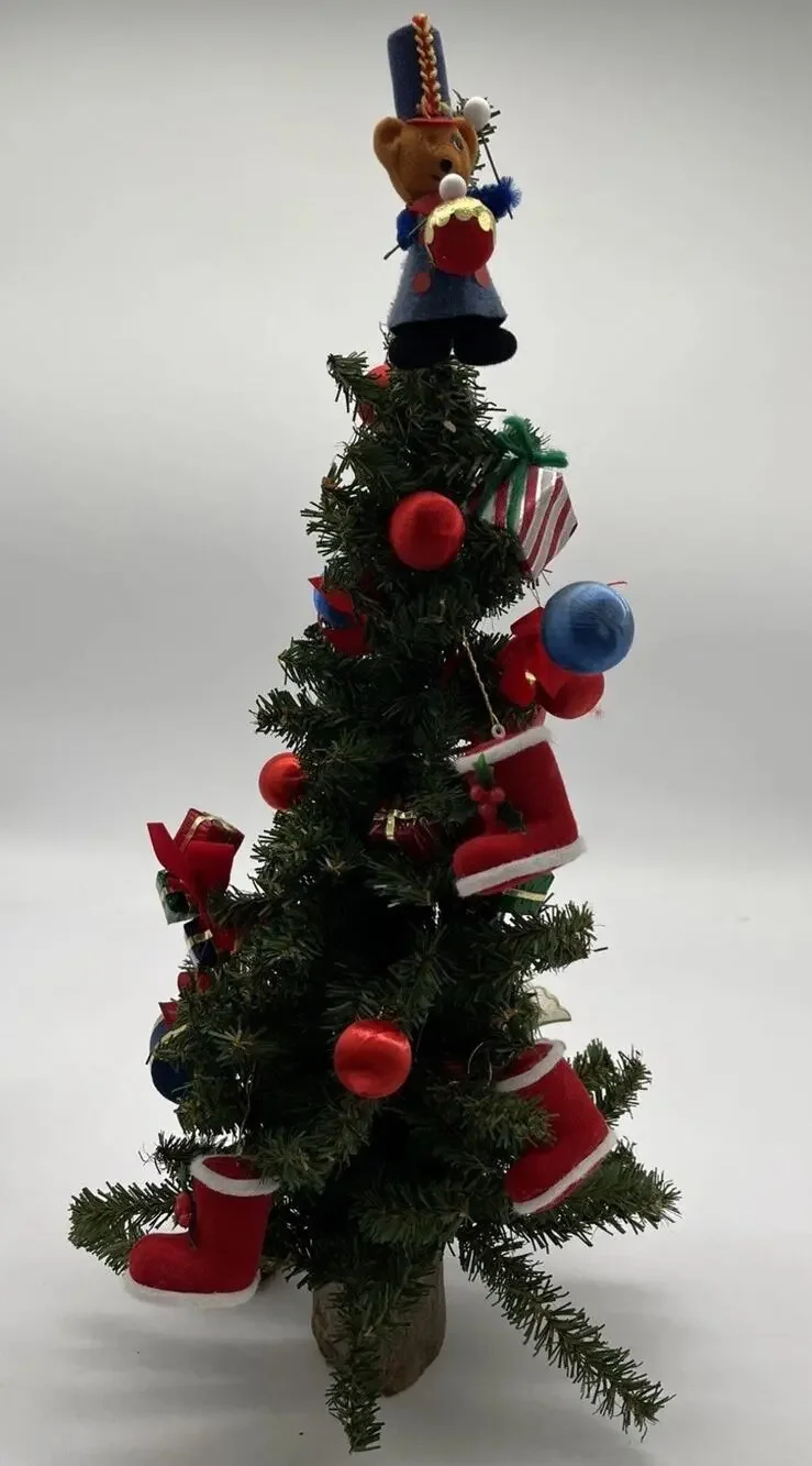 Vintage 19” Decorated Table Christmas Tree Wooden, Flocked & Folk Art Ornaments